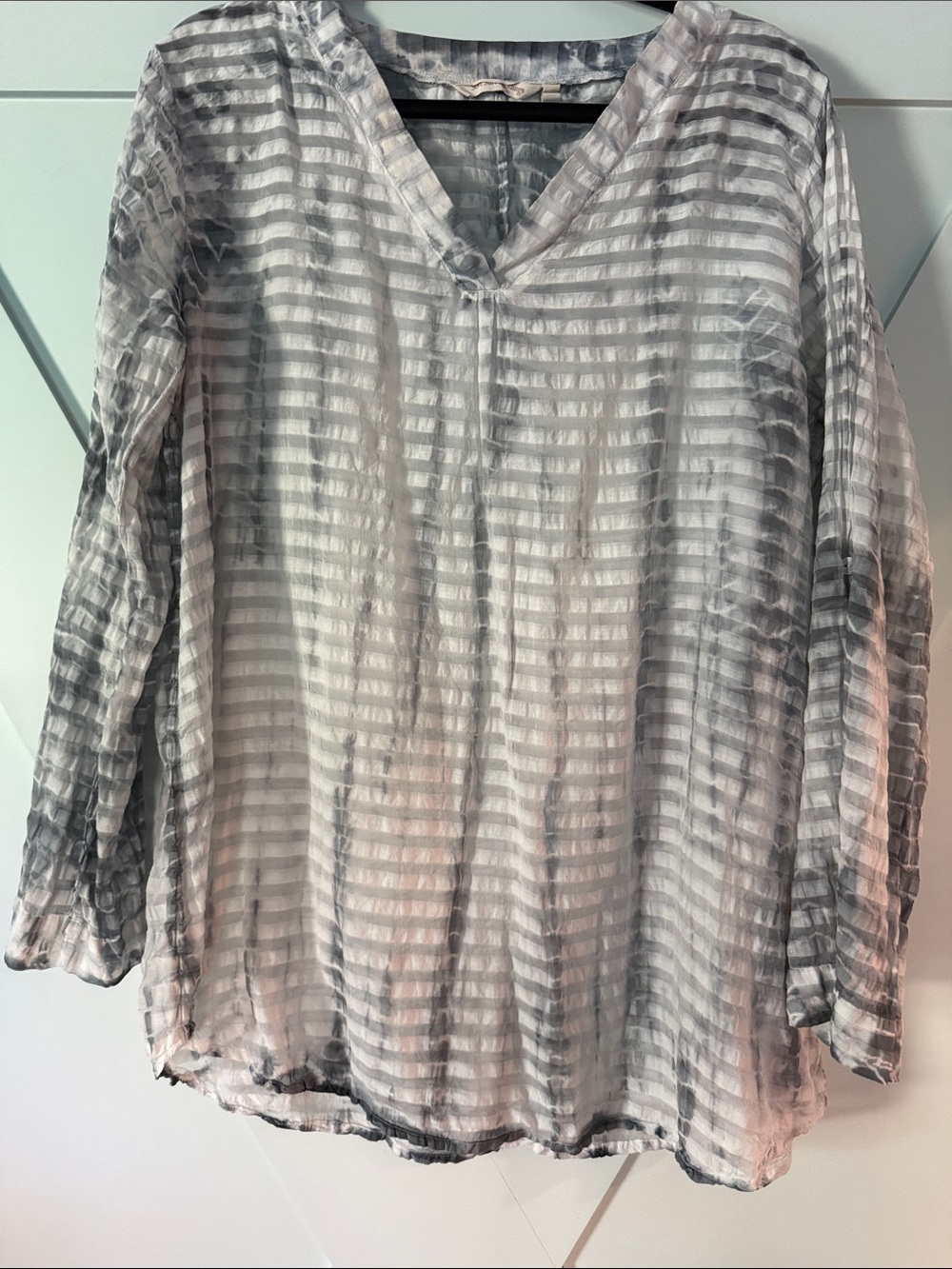 Soft Surroundings Gray and White Striped V-Neck Tunic